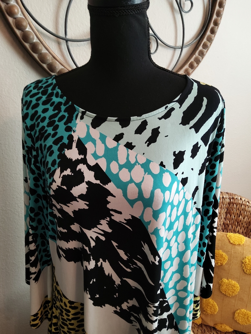 Alfani Multicolor Animal Print Tunic - Black, White, Aqua, Yellow - Picture 2 of 10